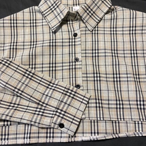 U. Original Tops - Plaid Cropped Shirt Neutral Check Boxy Button Up Y2K Grunge Aesthetic Sz S EUC